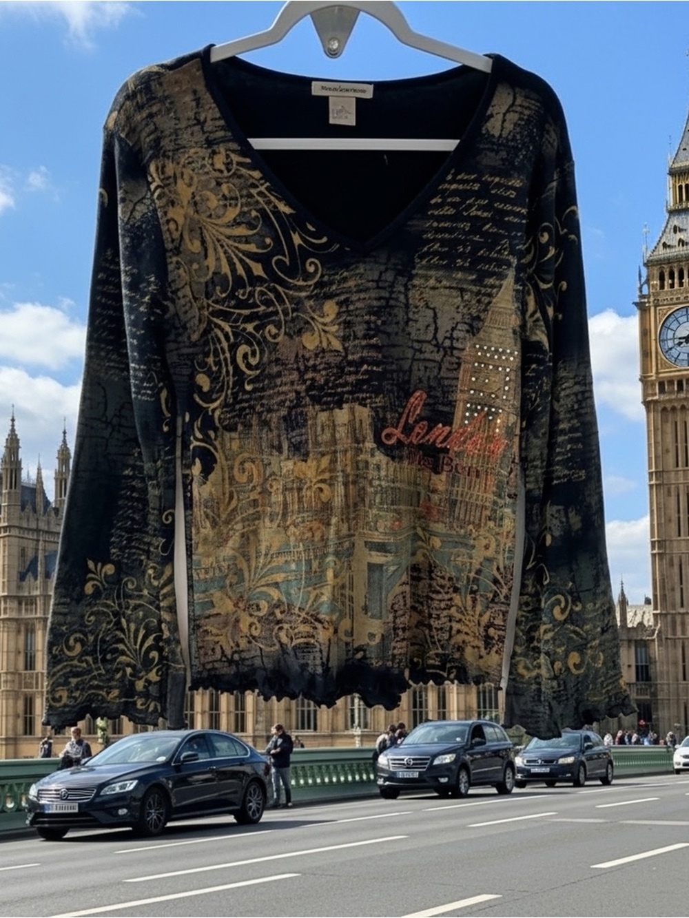 Susan Lawrence Black Top with Gold Script & Bronze Accents V-Neck Long Sleeve